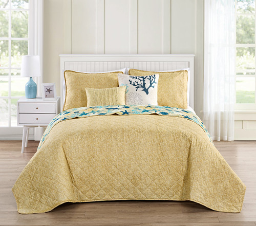 VCNY Home Aquatic 5 Piece Reversible Bedding Quilt Set, Queen, Blue