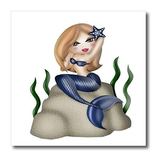 3D Rose Cute Blond Haired Mermaid in Blue Sitting On A Rock Illustration Iron On Heat Transfer, 10 x 10, White
