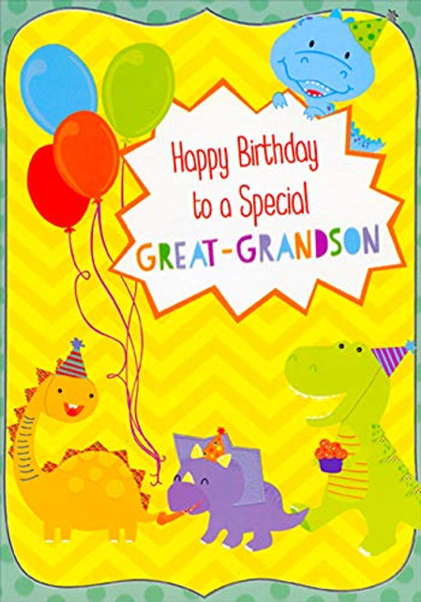Designer Greetings 4 Dinosaurs and Balloons on Yellow Zig Zag Juvenile Birthday Card for Young Great-Grandson Designer Greetings 4 Dinosaurs and Balloons on Yellow Zig Zag Juvenile Birthday Card for Young Great-Grandson