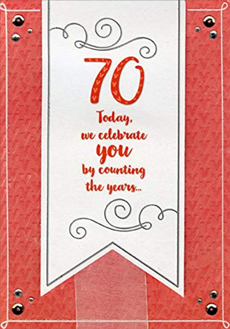 Designer Greetings White Die Cut Tip On Banner and Ribbon on Red with Sequins Hand Decorated Keepsake Age 70 / 70th Birthday Card
