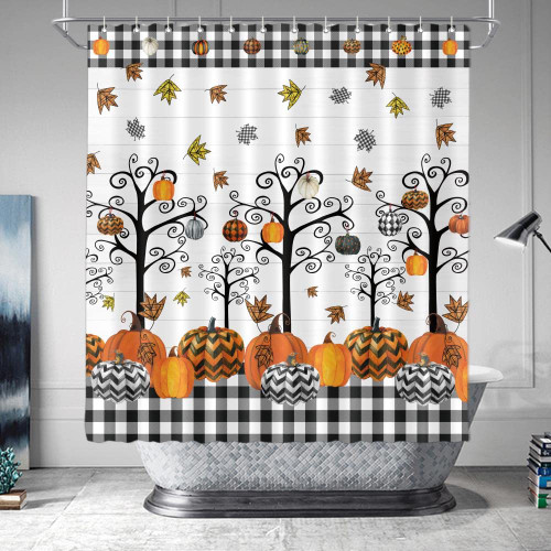 DePhoto Autumn Pumpkin Shower Curtain Rustic Fall Floral Black and White Buffalo Check Plaid Tree Maple Leaves Farmhouse Wooden Plank Fabric Bathroom Curtains Bathtub Decoration 72x72 Inch