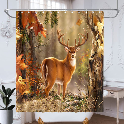 DePhoto Deer Shower Curtain Fall Forest Whitetail Deer Rustic Hunting Country Wild Animal Farmhouse Fabric Bathroom Curtains Bathtub Decoration 72x72 Inch
