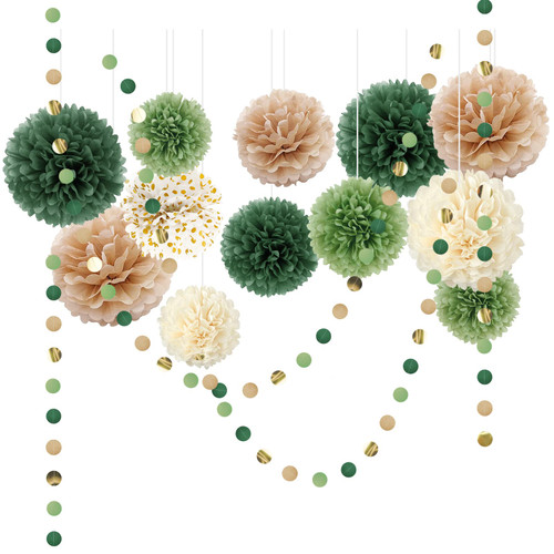 AOBKIAT Wedding Party Decorations Set,15PCS Green Tissue Paper Pom Poms,Dots Paper Garland String Hanging Backdrop for Engagement,Green Boho Wedding,Baby Shower