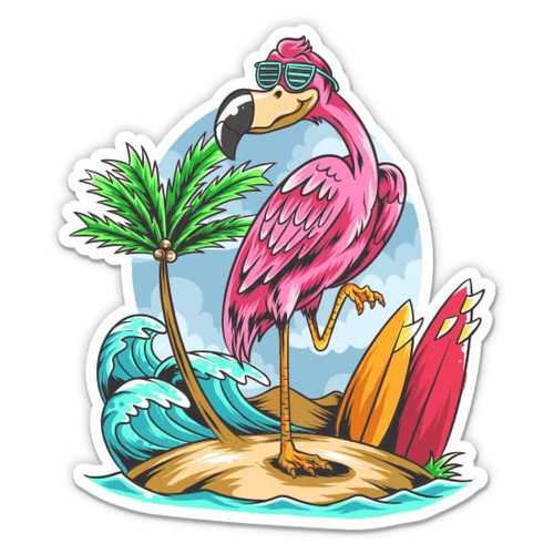 Cool Flamingo on Vacation - 5" Vinyl Sticker - for Car Laptop I-Pad - Waterproof Decal