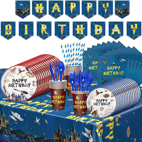 Harry Potter Birthday Decorations Kit | Harry Potter Magical Wizard Birthday Party Supplies | With Harry Potter Table Cover, Banner, Dinner and Cake Plates, Napkins, Cups,Spoon, knife, fork, straw | Serves 16