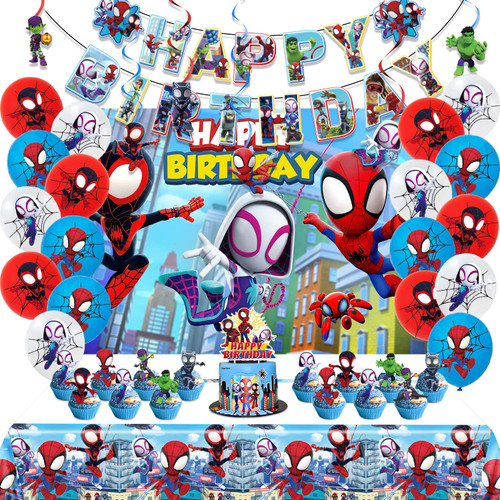 Eazyco Spidey and His Amazing Friends Birthday Decorations, Party Supplies Set Include Banner, Backdrop, Balloons, Hanging Swirls, Cake Cupcake Toppers, Tablecloth for Boys Girls Spidey Theme Party, Multicolor