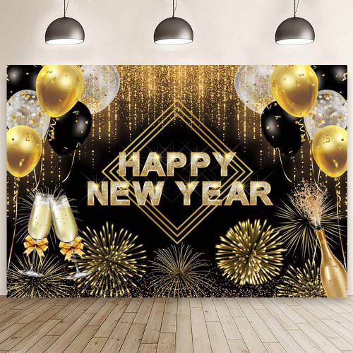 AIBIIN 7x5ft Happy New Year Backdrop Hello 2024 Black Gold Photography Background Cheers to The New Year Eve Party Decoration Gold Dots Fireworks Champagne Balloon Party Cake Smash Photo Studio Props