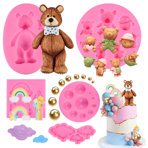 3D Bear Silicone Fondant Molds for Teddy Bears Chocolate Candy Gum Paste Crafting Polymer Clay Cake Decorating Set Of 5?RAINBOW?
