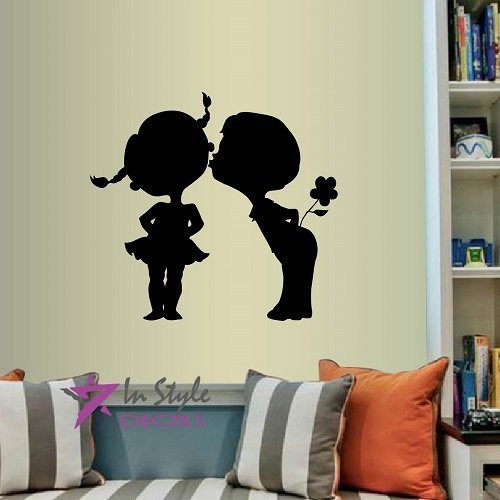 Wall Vinyl Decal Home Decor Art Sticker Cute Little Boy Kissing Girl Little Kids Nursery Play Room Removable Stylish Mural Unique Design