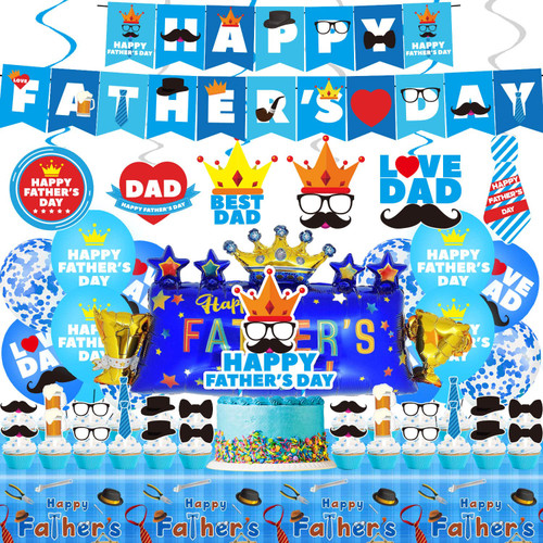 HANPLK Happy Fathers Day Party Decorations, Happy Fathers Day Party Supplies Including Banner, Hanging Swirls, Foil Balloons, Latex Balloons, Cake Toppers and Tablecloth for Fathers Day Party Decorations