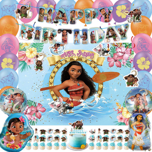 Moana Birthday Party Supplies, Moana Birthday Decorations Include Birthday Banner, Foil Balloons, Moana Backdrop, Cupcake Toppers for Boys Girls