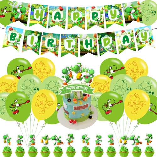 Yoshi Party Decorations,Cute Cartoon Birthday Party Supplies Includes Banner - Cake Topper - 12 Cupcake Toppers - 18 Balloons