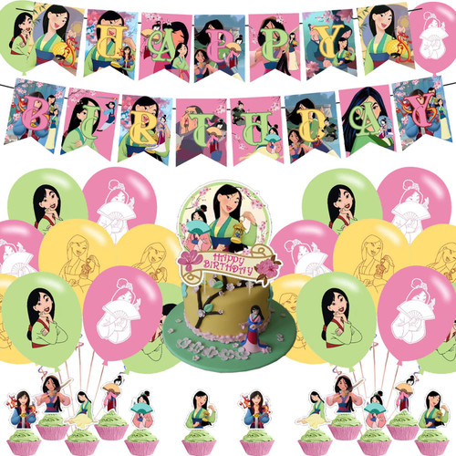Mulan Party Decorations,Birthday Supplies For Princess Mulan Girls Includes Banner Cake Topper 12 Cupcake Toppers 18 Balloons