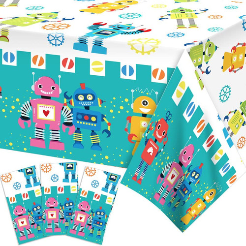 Robot Party Tablecloth, 3 Pack Disposable Plastic Table Cover for Birthday Party Decoration, Outer Space Cartoon Story Party Rectangular Tablecover for Boy Kids Baby Shower Party Decoration Supplies