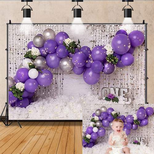 Purple Balloon 1st Birthday Photography Background White Cloud Glitter Girl 1st Birthday Party Cake Smash Decoration Backdrop for Baby Shower Wedding Decor Photo Studio Props (7x5ft)