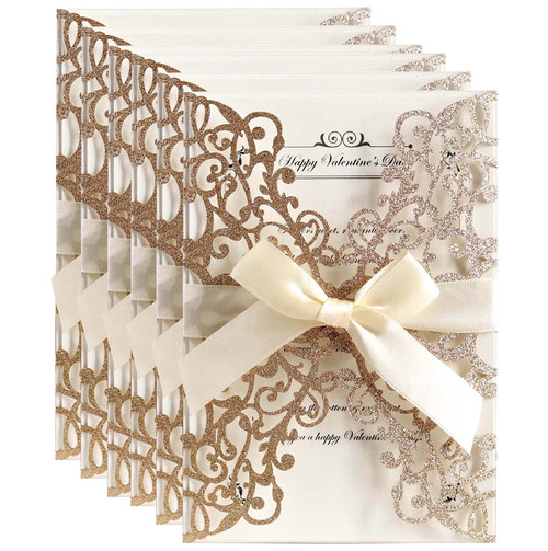 ALOHA SUN 20pcs Laser Cut Romantic Wedding Invitations Kits with Envelope Blank Inner Sheet and Ribbon for Marriage, Bridal Shower, Engagements, Anniversary Invite, Baby Shower, Party (5x7 Inches Greeting Card, Glitter Floral)