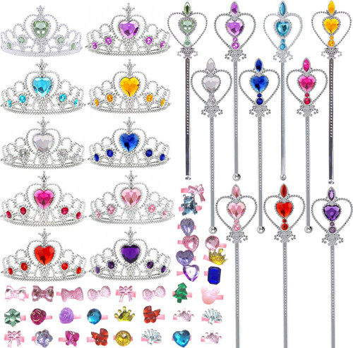 56Pcs Princess Crowns Tiaras Wands and Rings for Little Girls Princess Costume Dress Up Play Set Princess Girls Party Favors Pretend Halloween Costume Party Play Set