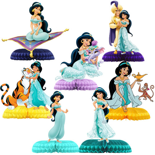 Jasmine Birthday Party Supplies, 7Pcs Jasmine Aladdin Theme Honeycomb Centerpieces Table Toppers, Photo Booth Props, 3D Double Side Cake Toppers, Princess Party Decorations for Girl