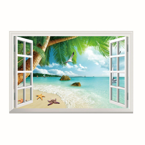 Hongshen 24*35inch Fake Windows Wall Sticker Removable 3D Beach Seascape Faux Window Wall Sticker Landscape Window View Wall Mural for Bedroom Living Room Decoration (Picture 6)