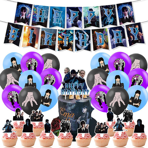 Wednesday Addams Party Decorations, Wednesday Addams Party Favors Including Birthday Banner, Balloons, Cake Toppers