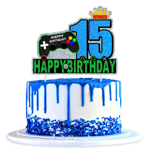 15th Video Game Cake Topper - 15th Birthday Video Game Controller Cake Decorations Video Game Party Decorations 15th Gamepad Cake Topper.
