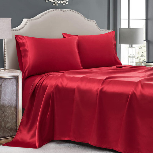 Cobedzy 4 Piece Luxury Satin Sheets King Size, Satin Bed Sheet Set King Size, Red Satin Sheet Set with 1 Deep Pocket Fitted Sheet 1 Flat Sheet 2 Pillowcase