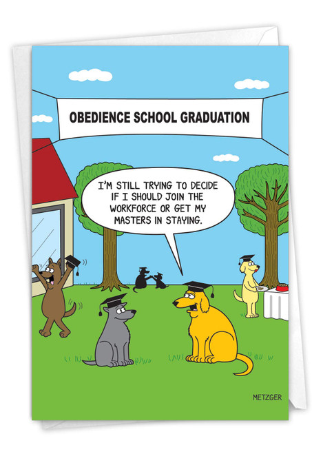 NobleWorks - 1 Happy Graduation Card Funny - Cartoon Card for Graduate, School or College, Humor Notecard with Envelope - Obedience 5330