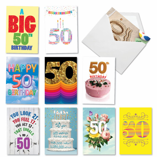 NobleWorks - 10 Funny 50th Birthday Cards - Assorted Milestone Bday Greeting Cards with Envelopes, Bulk Boxed Set - Hooray for 50 AC9386MBG-B1x10 NobleWorks - 10 Funny 50th Birthday Cards - Assorted Milestone Bday Greeting Cards with Envelopes, Bulk Boxed Set - Hooray for 50 AC9386MBG-B1x10