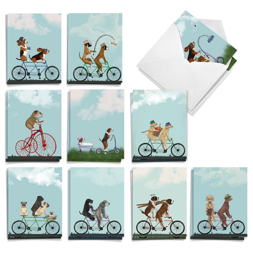 The Best Card Company - 20 Blank Note Cards with Envelopes (4 x 5.12 Inch) - All Occasion Animal Card Assortment (10 Designs, 2 Each) - Bike Chaser Pups AM8847OCB-B2x10