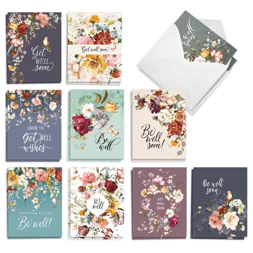 The Best Card Company 20 Assorted Blank Get Well Notes Boxed Set 4 x 5.12 Inch with Envelopes (10 Designs, 2 Each) Be Well Soon AM10350GWB-B2x10