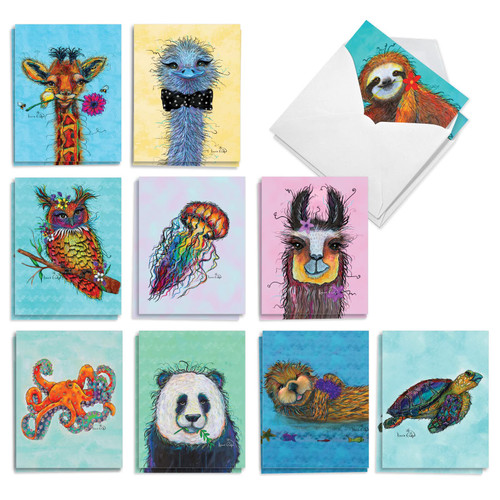 The Best Card Company - 20 Assorted Blank Notecards Box Set 4 x 5.12 Inch with Envelopes (10 Designs, 2 Each) - Wiry Wildlife AM10324OCB-B2x10