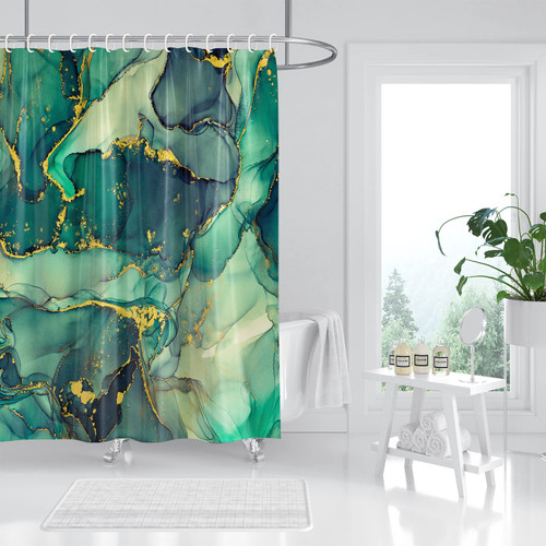 Marble Shower Curtain, Green Marble Shower Curtain Set, Colourful Abstract Ink Paint Teal Jade Gold Texture Shower Curtain for Bathroom, Waterproof Fabric with 12 Hooks, 72 x 72 inches