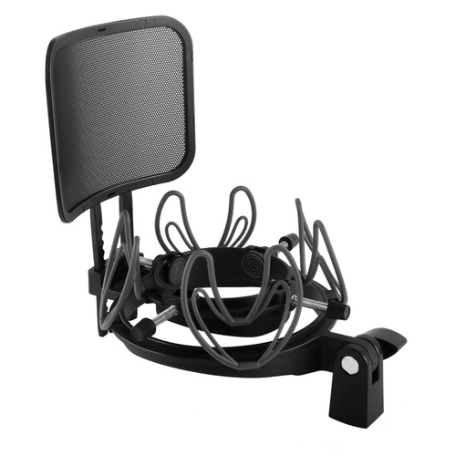 SUUNTOK Microphone Shock Mount with Pop Filter Universal Shock Stand for Microphones Size at 21-62mm Anti-Vibration Mic Holder Clip Compatible with AT2020 MXL 990 770 Rode NT1-A Neumann 103 U87(Black)