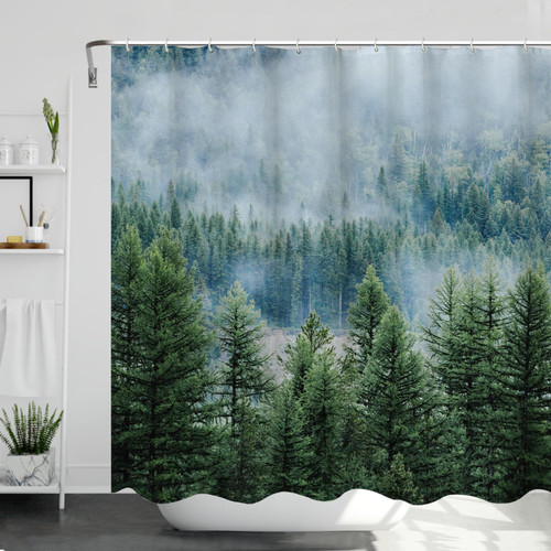Bettlaty Green Misty Forest Shower Curtain, Sage Green Natural Tree Forest Decoration Shower Curtain, Bathroom Waterproof Fabric Shower Curtain Set with 12 Hooks