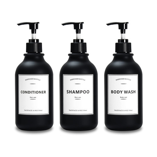 Black Shampoo and Conditioner Dispenser,YACEYACE 16.9oz Set of 3 Shower Soap Dispenser with Pumps Matt Black Shampoo Bottles Refillable with Pump Shower Bottles Refillable with Labels
