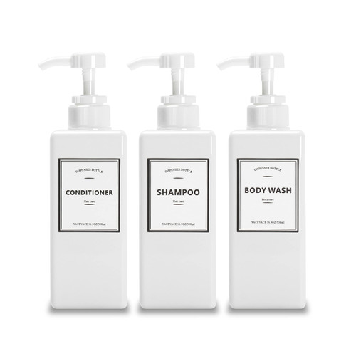 Shower Pump Dispenser with Labels, YACEYACE 16.9oz Set of 3 White Shampoo Dispenser Bottles Empty Shower Bottles Refillable with Labels Shampoo Conditioner Body Wash Dispenser Shampoo Dispenser