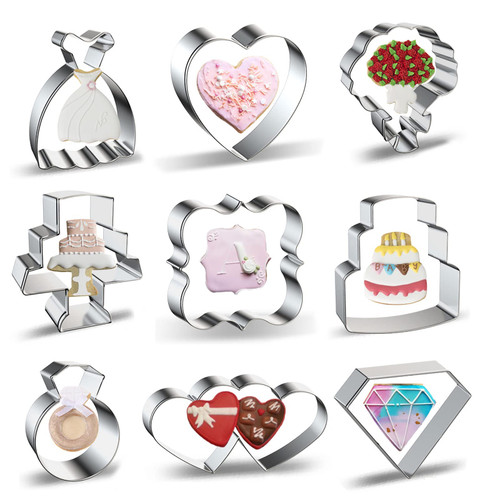 Wedding Cookie Cutters Shapes Set for Baking 9-Piece Square Plaque, Wedding Cake, Wedding Dress, Diamond Ring, Double Heart, Jewel Gemstone, Flower Bouquet, Heart Cookie Cutter Biscuit Fondant Molds Wedding Cookie Cutters Shapes Set for Baking 9-Piece Square Plaque, Wedding Cake, Wedding Dress, Diamond Ring, Double Heart, Jewel Gemstone, Flower Bouquet, Heart Cookie Cutter Biscuit Fondant Molds