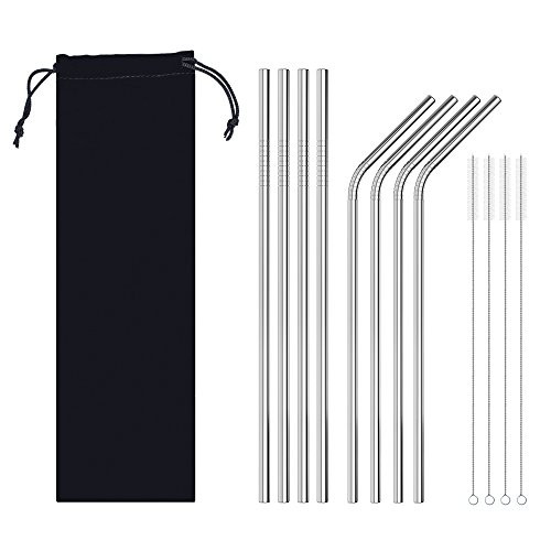 homEdge Sets of 8 Stainless Steel Straws, FDA Approved Ultra Long 10.5 Reusable Metal Drinking Straws for 20 30 Oz Rambler Yeti Rtic Ozark Trail Tumblers (4 Straight+4 Bent+4 Brushes +Storage Bag)