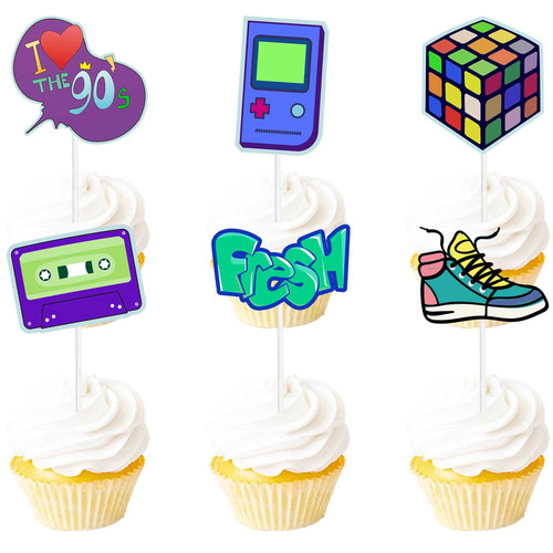 18pcs Glitter Dessert Cupcake Topper Game Retro Throwback I Love The 90s Decade Theme Decor Supplies Happy Birthday Party Decorations
