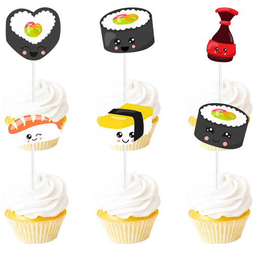 18pcs Glitter Sushi Dessert Cupcake Topper Baby Shower Theme Decor Supplies Boys Girls Happy Birthday Japanese Party Decorations