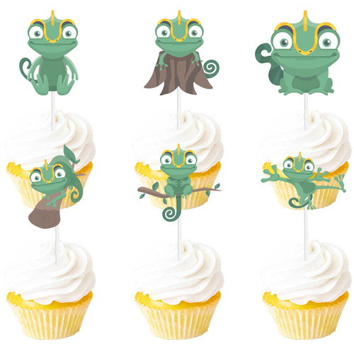 18pcs Green Glitter Chameleon Dessert Cupcake Topper Baby Shower Theme Decor Supplies Boys Girls Happy Birthday Party Decorations