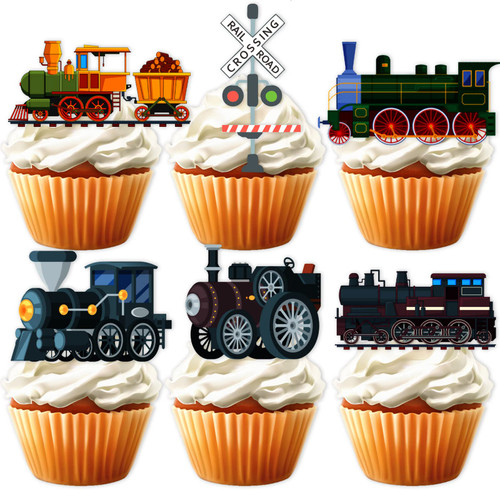 18pcs Black Glitter Dessert Cupcake Topper Transportation Train Railroad Crossing Theme Decor Supplies Baby Shower Children Boy Girl Happy Birthday Party Decorations