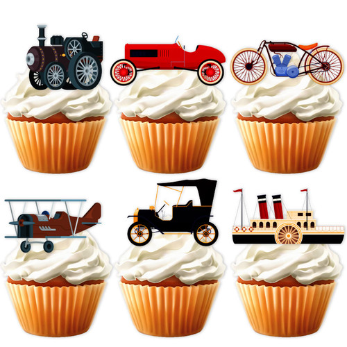 18pcs Glitter Dessert Cupcake Topper Retro Transportation Transportation Car Changes Theme Decor Supplies Baby Shower Children Boy Girl Happy Birthday Party Decorations