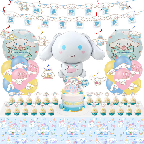 Cinnamoroll Birthday Decorations, Cute Cartoon Party Supplies Included, Birthday Banners, Hanging Swirls, Tablecloth, Cake Toppers, Balloons, Kawaii Theme Birthday Party Supplies