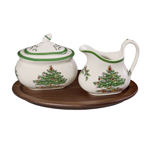 Spode - Christmas Tree Collection - Sugar and Creamer Set of 3 - 16 oz Sugar Container - 8 oz Creamer Container - Comes with Acacia Wood Tray - Sugar and Creamer are Dishwasher Safe