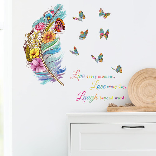 Large Feather with Inspirational Quote Wall Stickers, Live Love Laugh Wall Decals Removable Vinyl Peel and Stick Wall Art for Bedroom Living Room Classroom Office Wall Decoration