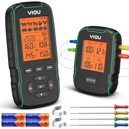 YIOU Wireless Meat Thermometer, 500ft Grill Thermometer 4 Probe Thermometer Ultra Accurate Fast Reading Food Cooking Grilling BBQ Thermometer Timer Smoker Thermometer for Steak Oven Safe, Green YIOU Wireless Meat Thermometer, 500ft Grill Thermometer 4 Probe Thermometer Ultra Accurate Fast Reading Food Cooking Grilling BBQ Thermometer Timer Smoker Thermometer for Steak Oven Safe, Green