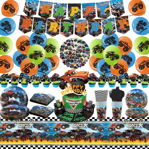 Youther 191Pcs Monster Trucks Birthday Party Supplies, Includes Happy Birthday Banner, Cake Topper, Cupcake Toppers, Balloons, Tablecloth, Plates, Knives, Forks, Spoons, Napkins,Cups, Straws|Stickers Youther 191Pcs Monster Trucks Birthday Party Supplies, Includes Happy Birthday Banner, Cake Topper, Cupcake Toppers, Balloons, Tablecloth, Plates, Knives, Forks, Spoons, Napkins,Cups, Straws|Stickers