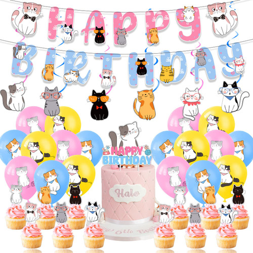 Cyodoos 1 Set Cat Theme Birthday Party Decorations Cute Cat Birthday Party Supplies for Kids Girls Include Cat Happy Birthday Banner, Hanging Swirls, Cake Topper, Cupcake Toppers, Balloons Cyodoos 1 Set Cat Theme Birthday Party Decorations Cute Cat Birthday Party Supplies for Kids Girls Include Cat Happy Birthday Banner, Hanging Swirls, Cake Topper, Cupcake Toppers, Balloons