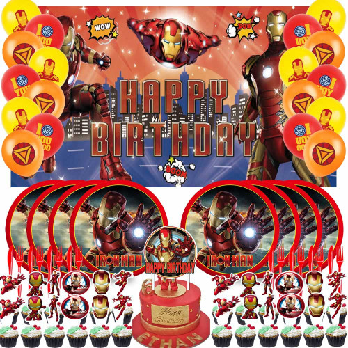 Iron Man Party Supplies Plates Decorations for Boy Backdrop Decor Balloons Banner Birthday Cake Topper